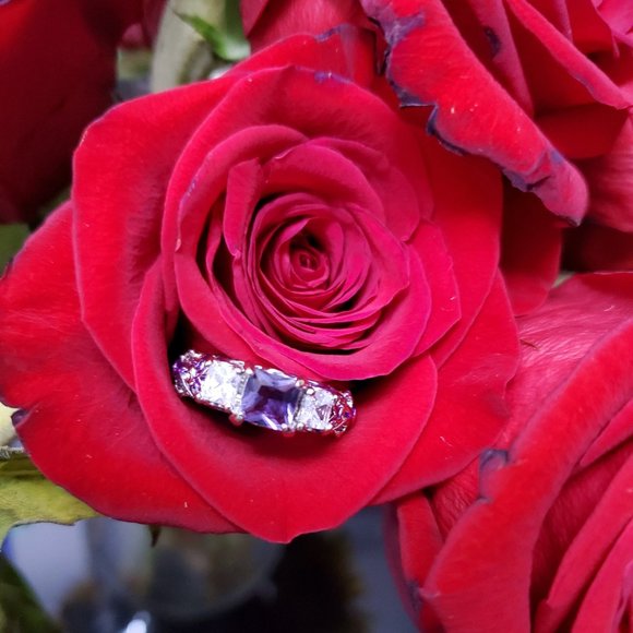 New Silver Amethyst Princess Cut Ring Purple Trim - Picture 1 of 7